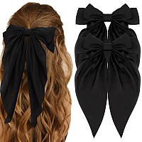 Atoden Black Hair Bow Silky Satin Large Hair Bows 2Pcs Big Hair Bows Hair Ribbons Oversized Long Tail Bows Hair Barrettes Ribbon