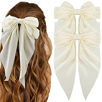 Atoden White Silky Satin Large Oversized Hair Bows With Long Tail And Metal Clips 2Pcs Aesthetic Bowknot Hair Clips For Women