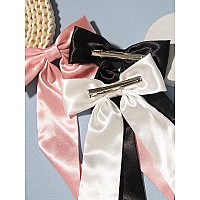 Furling Pompoms Bow Hair Clips With Long Tail 3Pcs Hair Ribbon Bows For Women Black White Pink Hair Bows For Girls Hair Access