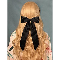 Furling Pompoms Hair Bows Hair Clips With Long Tail 2Pcs Black Ribbon Bows Hair Clip For Women Satin Bowknot Hair Barrettes Big