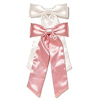 Furling Pompoms Ribbon Bowknot Barrettes With Long Tail For Women And Girls 2Pcs Satin Big Bows For Party Wedding Prom Dail