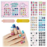 144Pcs 6 Pack Press On Nails For Kids Children Acrylic Fake Nails Preglue Full Cover Glitter Gradient Color Heart Cat Short Fal