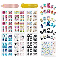 144Pcs 6 Pack Press On Nails For Kids Children Acrylic Fake Nails Preglue Full Cover Glitter Gradient Color Heart Cat Short Fal