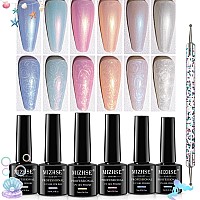 Mizhse Pearl Gel Nail Polish Set Glitter Drawing 6 Colors Mermaid Shimmer Gel Shell Thread Gel Polish Soak Off Uv Led Manicure