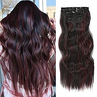 4Pcs Clip In Hair Extensions 20Inch Long Wavy Hair Extensions Clip Ins Synthetic Thick Hair Piece For Women Black Mix Burgundy