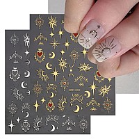 6 Sheets Metallic Nail Art Stickers Star Moon Nail Decals 3D Selfadhesive Nail Art Supplies Sun Stars Heart Retro Rose Gold Sli