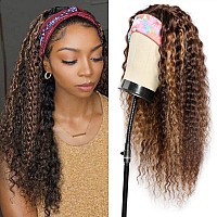 Aiterina Deep Wave Human Hair Wig Highlight Ombre Highlight Curly Human Hair Wig Headband Wigs For Black Women None Lace Front W