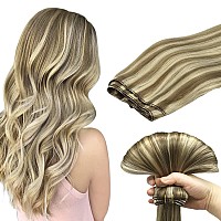 Doores Sew In Hair Extensions Human Hair Light Brown Highlighted Medium Blonde 14 Inch 100G Weft Hair Extensions Sew In Natura