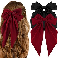 Atoden Hair Bow Clip 2 Pcs Silky Satin Hair Bows For Women Hair Ribbons Oversized Long Tail Black Hair Bow And Red Hair Bow Hai