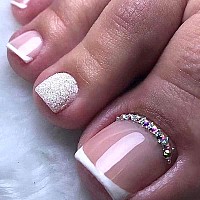 Yosomk Pink Silver French Press On Toenails Rhinestone Short Fake Toe Nail Tips Press Ons Glossy Glue On Toe Nails Nude Square S