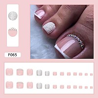 Yosomk Pink Silver French Press On Toenails Rhinestone Short Fake Toe Nail Tips Press Ons Glossy Glue On Toe Nails Nude Square S