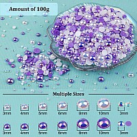 100G Flatback Pearls And Rhinestones Set 2Purplewhite Mixed Size 310Mm Resin Rhinestones And Half Pearls For Nail Art And Cr