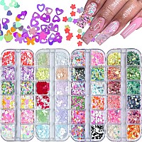 Addfavor 4 Boxes Nail Glitter Luminous Mermaid Chunky Glitter Flakes Fluorescent Mixed Shaped Flower Heart Star Nail Sequins Dec