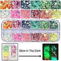 Addfavor 4 Boxes Nail Glitter Luminous Mermaid Chunky Glitter Flakes Fluorescent Mixed Shaped Flower Heart Star Nail Sequins Dec