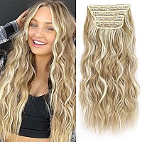 Alxnan Clip In Long Wavy Synthetic Hair Extension 24 Inch Beach Blonde 4Pcs Thick Hairpieces Fiber Double Weft Hair For Women