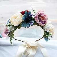 Ynimioaox Handmade Adjustable Flower Wreath Headband Halo Floral Crown Garland Headpiece B22Purple White