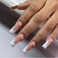 Rikview Square Press On Nails Long Fake Nails French Tips Nails With Pearls White Nails Glossy Square Nails