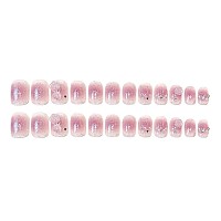 Rikview Pink Press On Nails Medium Length Fake Nails With 3D Flowers Glossy Square Nails For Women 24 Pcsset