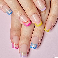 Square Press On Nails French Tip Nude Fake Nails Short Bright Color Gel Glue On Nails Medium False Nails With Design Oval Stick