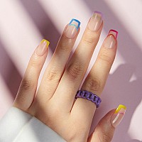 Square Press On Nails French Tip Nude Fake Nails Short Bright Color Gel Glue On Nails Medium False Nails With Design Oval Stick