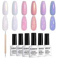 Rarjsm Pearl Gel Nail Polish Set Iridescent Shell Glitter Gel Polish 6 Sunset Colors Light Purple Blue Pink Red Gold Shimmer Mer