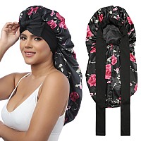 Awaytr Long Satin Bonnet For Women Double Layer Elastic Silk Bonnet For Braids Hair Sleeping Cap With Tie Band Flower C