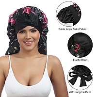 Awaytr Long Satin Bonnet For Women Double Layer Elastic Silk Bonnet For Braids Hair Sleeping Cap With Tie Band Flower C