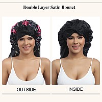 Awaytr Long Satin Bonnet For Women Double Layer Elastic Silk Bonnet For Braids Hair Sleeping Cap With Tie Band Flower C