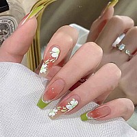 Rikview French Tips Nails Long Press On Nails Coffin Fake Nails With Flowers Design Glossy Green Nails For Women