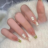 Rikview French Tips Nails Long Press On Nails Coffin Fake Nails With Flowers Design Glossy Green Nails For Women