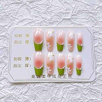 Rikview French Tips Nails Long Press On Nails Coffin Fake Nails With Flowers Design Glossy Green Nails For Women