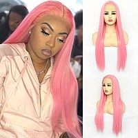 Bluple Light Pink Lace Front Wigs Long Straight Lovely Pink Natural Heat Resistant Synthetic Hair Half Hand Tied Wigs For Cospla