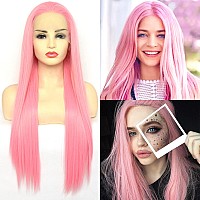 Bluple Light Pink Lace Front Wigs Long Straight Lovely Pink Natural Heat Resistant Synthetic Hair Half Hand Tied Wigs For Cospla