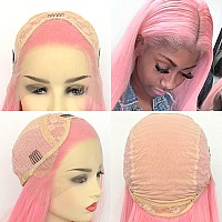 Bluple Light Pink Lace Front Wigs Long Straight Lovely Pink Natural Heat Resistant Synthetic Hair Half Hand Tied Wigs For Cospla