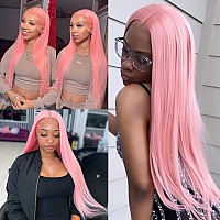 Bluple Light Pink Lace Front Wigs Long Straight Lovely Pink Natural Heat Resistant Synthetic Hair Half Hand Tied Wigs For Cospla