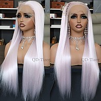 Qdtizer Ice Pink Lace Front Wigs Long Straight Hair White Pink Synthetic Lace Front Wigs For Fashion Women Heat Resistant Gluel