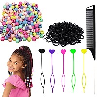 Hair Braiding Set For Girls By 406Pcs 200 Beads 200 Elastic Rubber Bands Quick Beader And Rat Tail Comb