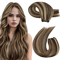 Moresoo Remy Sew In Hair Extensions Real Human Hair Brown Weft Human Hair Extensions Highlight Dark Brown With Caramel Blonde Do