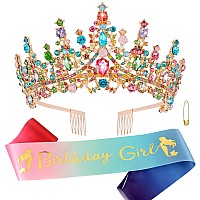 Atoden Birthday Girl Sash Tiara Queen Crown Tiaras And Crowns For Women Girls Multicolor Crystal Princess Tiara Rhinestone Headb