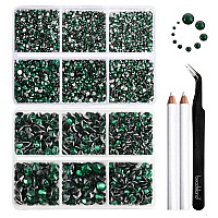 Beadsland 8300Pcs Flatback Rhinestones Green Rhinestone Round Crystal Rhinestones For Crafts Mixed 10 Sizes With Wax Pencil An