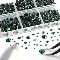 Beadsland 8300Pcs Flatback Rhinestones Green Rhinestone Round Crystal Rhinestones For Crafts Mixed 10 Sizes With Wax Pencil An