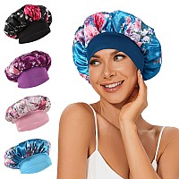 4Pcs Satin Bonnet Silk Bonnet Hair Bonnet For Sleeping Elastic Wide Band Silk Sleep Cap Soft And Breathable Silk Hair Wrap Fo