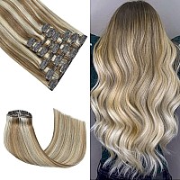 Honsoo Clip In Hair Extensions Ash Blonde To Platinum Blonde Balayage Real Human Hair 120G 22Inch 7Pcs Long Double Weft Natural