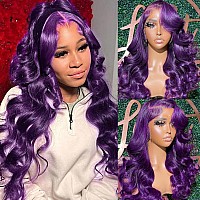 Yms Purple Transparent 13X4 Hd Lace Front Wigs Human Hair 200 Density Purple Bluish Human Hair Wigs For Women Colored Body Wave