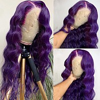 Yms Purple Transparent 13X4 Hd Lace Front Wigs Human Hair 200 Density Purple Bluish Human Hair Wigs For Women Colored Body Wave