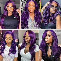 Yms Purple Transparent 13X4 Hd Lace Front Wigs Human Hair 200 Density Purple Bluish Human Hair Wigs For Women Colored Body Wave