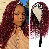 Lauberita Headband Wig Human Hair 99J 10 Inch 180 Density Burgundy Deep Wave Headband Wig 100 Human Hair Wigs Curly Glueless W