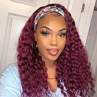 Lauberita Headband Wig Human Hair 99J 10 Inch 180 Density Burgundy Deep Wave Headband Wig 100 Human Hair Wigs Curly Glueless W