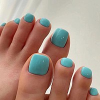 Rodaky Press On Toe Nails For Women Lake Blue Fake Toenail Glossy Solid Color Fashion False Toenail Full Cover Acrylic Foot Nail