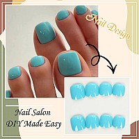 Rodaky Press On Toe Nails For Women Lake Blue Fake Toenail Glossy Solid Color Fashion False Toenail Full Cover Acrylic Foot Nail